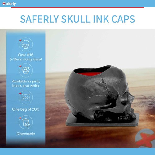 Saferly Skull Tattoo Ink Caps Cups for Tattooing, Disposable Pigment Holder with Base, Microblading Permanent Makeup Tattoo Supplies, Size #16 Large, Bag of 200, Black