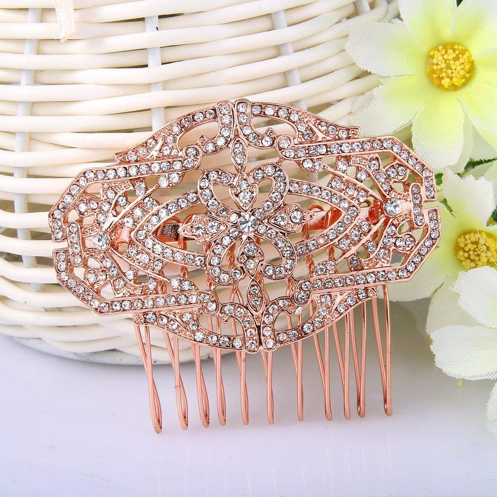 EVER FAITH Women's Austrian Crystal 1920s Style Flower Knot Hair Side Comb Clear Rose Gold-Tone