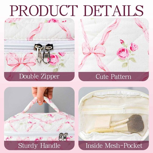 AMZMA Bow Makeup Bag Organizer, Travel Makeup Bags for Women, Quilted Cosmetic Bag for Women, Large Travel Toiletry Bag, Cute Makeup Bags for Teen Girls, Cute Toiletry Bag Organizer