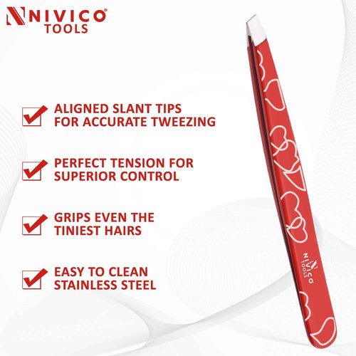 NIVICO Eyebrow Tweezer Hair Removal, Slant Stainless Steel 9.5cm Ingrown Facial Hair Tweezers for Men And Women (Red Coated)