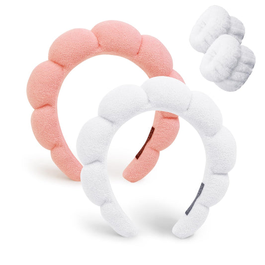 Huachi Spa Headbands for Washing Face Makeup Headband, Set of 4 Puffy Terry Cloth Women Girls Skincare Headband and Wrist Band Bubble Sponge Face Wash Hair Accessories (Pink & White)