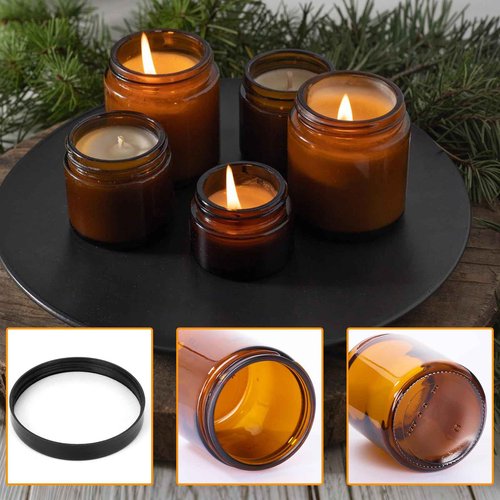 3 Pack 8 oz Amber Glass Jars with lids, Cosmetic Jars with Black Lids, Glass Lotion Containers, Candle Making containers for Lotions, Scrubs and Cosmetic, Lables and Spatulas Include