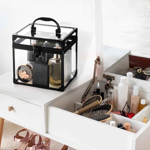 Okllen Crown Box, Clear Cosmetic Case, Acrylic Artists Display Case, Toiletry Train Case with Latches & Handle