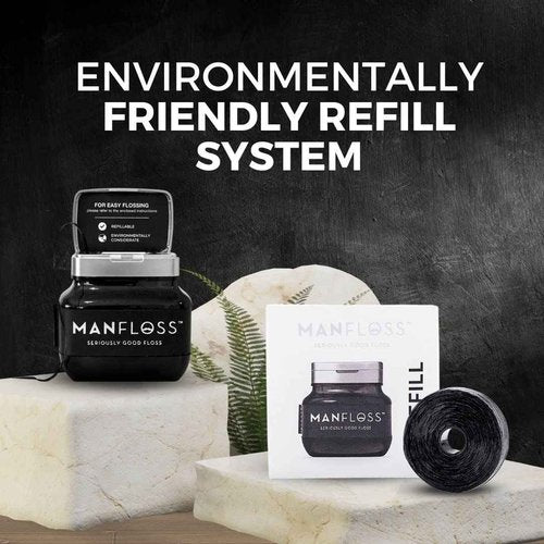 Manfloss Refill - 54 Yard Rolll of Black Dental Floss Tape – Easy, Comfortable, Fun & Effective Flossing. PFAS-Free, Vegan-Friendly, Fresh Mint Flavour & Shred-Resistant. Seriously Good Floss