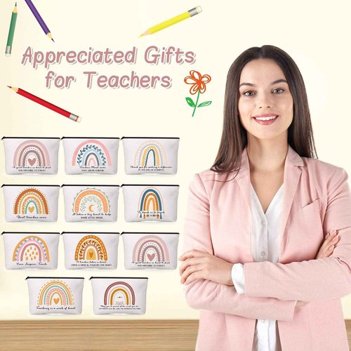 Coume 30 Pcs Teacher Appreciation Gifts for Women Bulk Inspirational Gifts Christmas Rainbow Canvas Makeup Bags Cosmetic Bag Thank You Favors for Holiday Women Teacher, 10 Styles(Elegant)