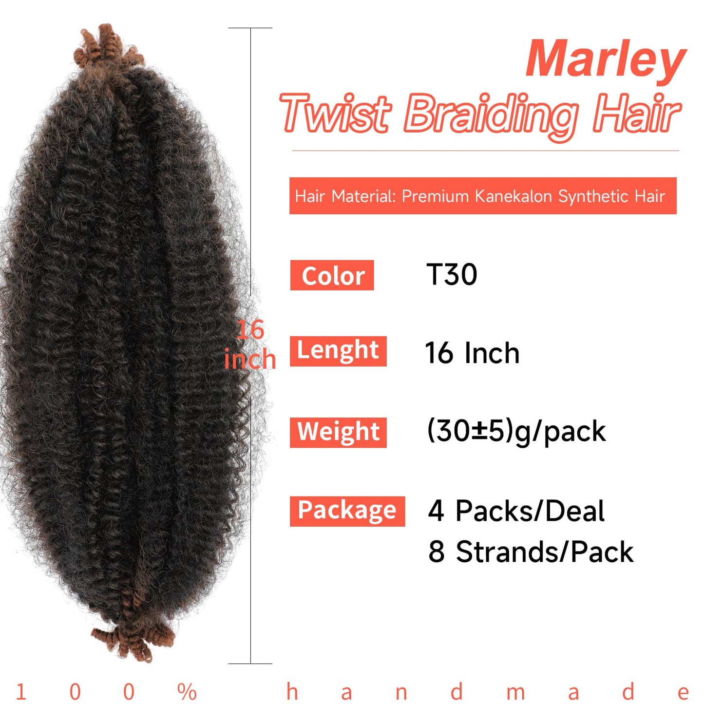 Two Tone Marley Twist Hair, 16 Inch 7 Packs Springy Afro Kinky Braiding Hair For Crochet Braids,Pre-Fluffed Spring Twist Hair, Twisted Up Marley Hair For Women Crochet Twists(16inch,7packs,T30#)