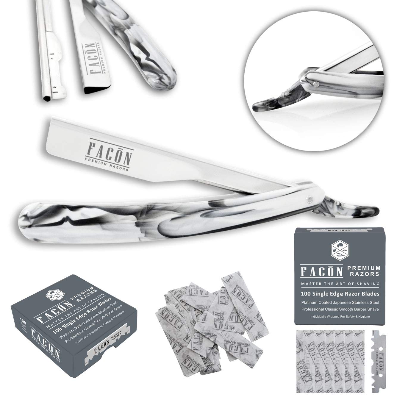 100 BLADES + Facón Professional Marble Straight Edge Barber Razor - Salon Quality Cut Throat Shavette