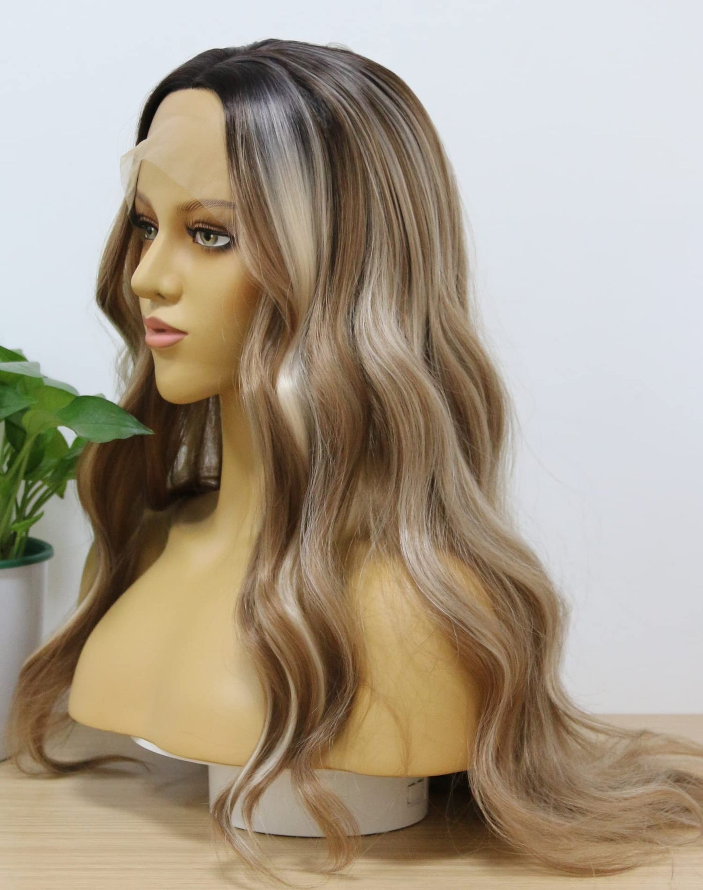 MSMYRNS Body Wave Synthetic Wig Highlight Brown and Platinum Blonde Mixed Colorful Wig with Dark Roots Ombre Lace Front Wig For Girls Heat Resistant Fibers Long Wavy Curly Hair