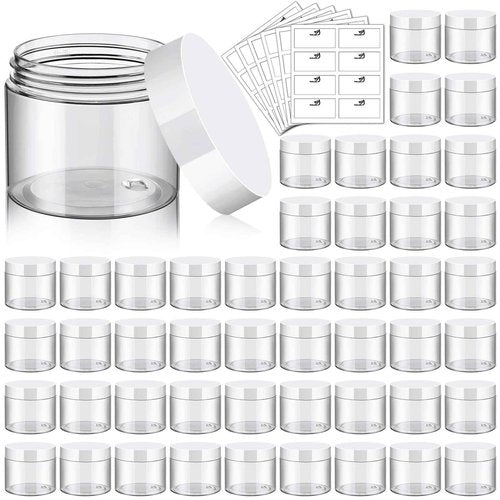 TUZAZO 48 Pack 6 Oz Plastic Container Jars with Lids and Labels BPA Free, Empty Round Clear Cosmetic Containers Plastic Slime Jars for Lotion, Cream, Ointments, Body Butter, Travel Storage (48)