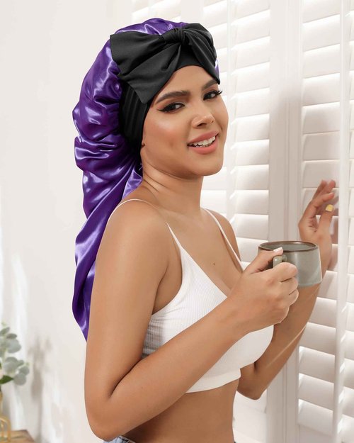 AWAYTR Long Satin Bonnet for Sleeping - Double Layer Reversible Silk Bonnet for Long Hair Women Sleeping Cap with Tie Band (Black+Purple)