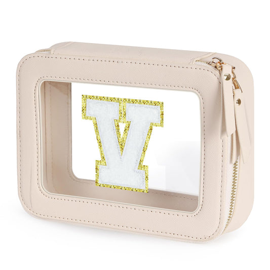 Clear Initial Makeup Bag - Toiletry Cosmetic Bag For Women, Cute Car Accessories & Essentials, And Preppy Makeup Bag For On-The-Go Glam - Gold Zippers Included, With Chenille Letter Decoration(V)