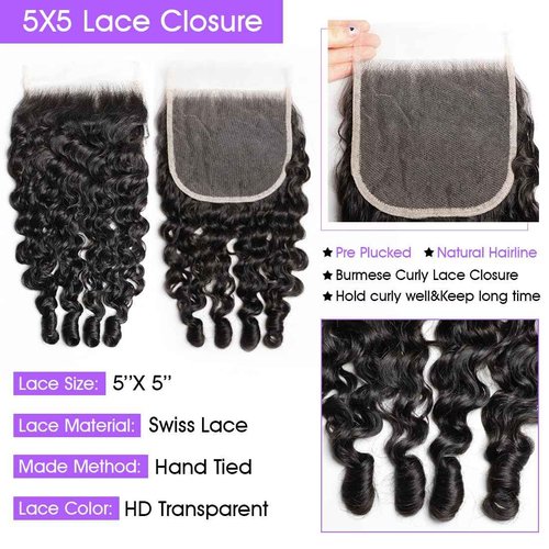 Lemoda 5x5 Closure Burmese Curly HD Transparent Lace Closure 12A Burmese Virgin Human Hair Closure Pre Plucked with Baby Hair Natural Black 16 Inch