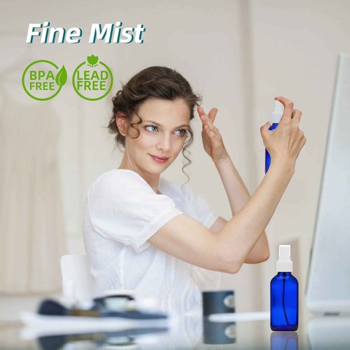 Bastelica Cobalt Blue Glass Spray Bottles 4 oz, Small Empty Spray Bottles for Essential Oils, Fine Mist for Face, Hair, Plants, Travel, Perfumes, Cleaning Solutions - 4 Pack