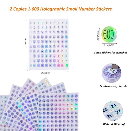 2 Set Number Stickers (1-600) for Nail Swatch Sticks & Nail Gel Polish Organize, Double Small Holographic Numbers Stickers for Matching Label, Adhesive Label Organizer (Dia.10mm)
