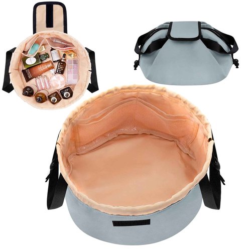 Barrel Drawstring Makeup Bag Large Travel Makeup Bag,Portable Large Capacity Cosmetic Bag Toiletry Organizer for Travel Accessories Make Up Essentials and Hair Product,Gifts for Women (greyish blue)