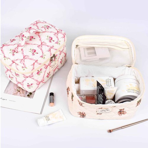 SXS LACONIC Quilted Makeup Bag,Large Cosmetics Bag Set,Cotton Coquette Floral Make up Pouch,Travel Toiletry Bag for Women