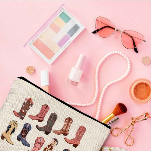 QGFM Western Makeup Bag - Cowgirl Gifts, Boho Western Cowboy Boots Makeup Cosmetic Bag for Purse