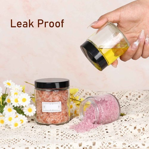 24 Pack 8 oz Glass Jars with lids, Clear Cosmetic Jars with Inner Liners and Black Lids, Lotion Jars, Candle Making Jars for Lotions, Scrubs and Cosmetic, Lables and Spatulas Include