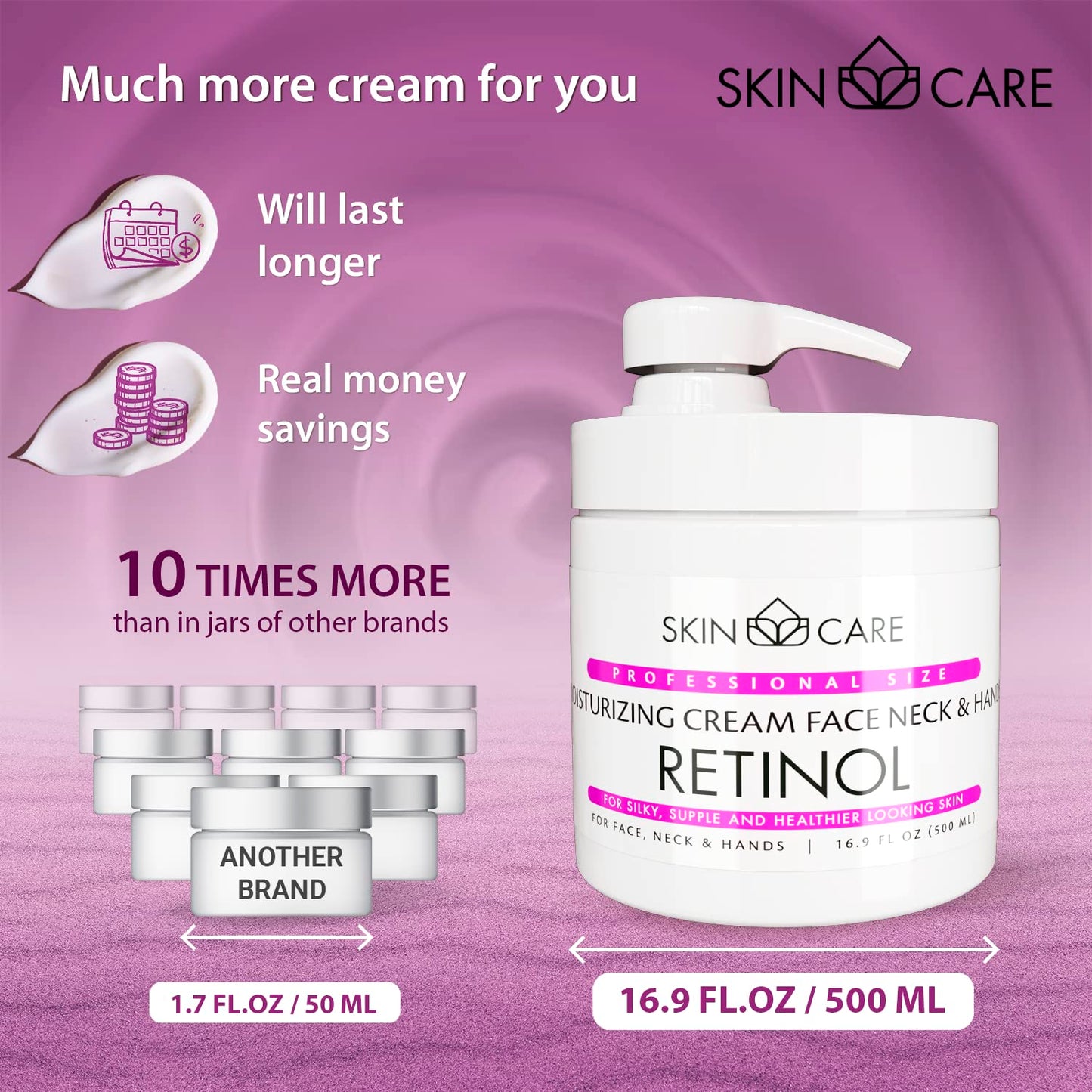 Skin Care Retinol 3-in-1 Moisturizer Face Cream, Neck and Hands - Treatment for Crepey Texture, Wrinkles and Sagging - Daily Lotion for All Skin Types - 16.9 fl. oz.