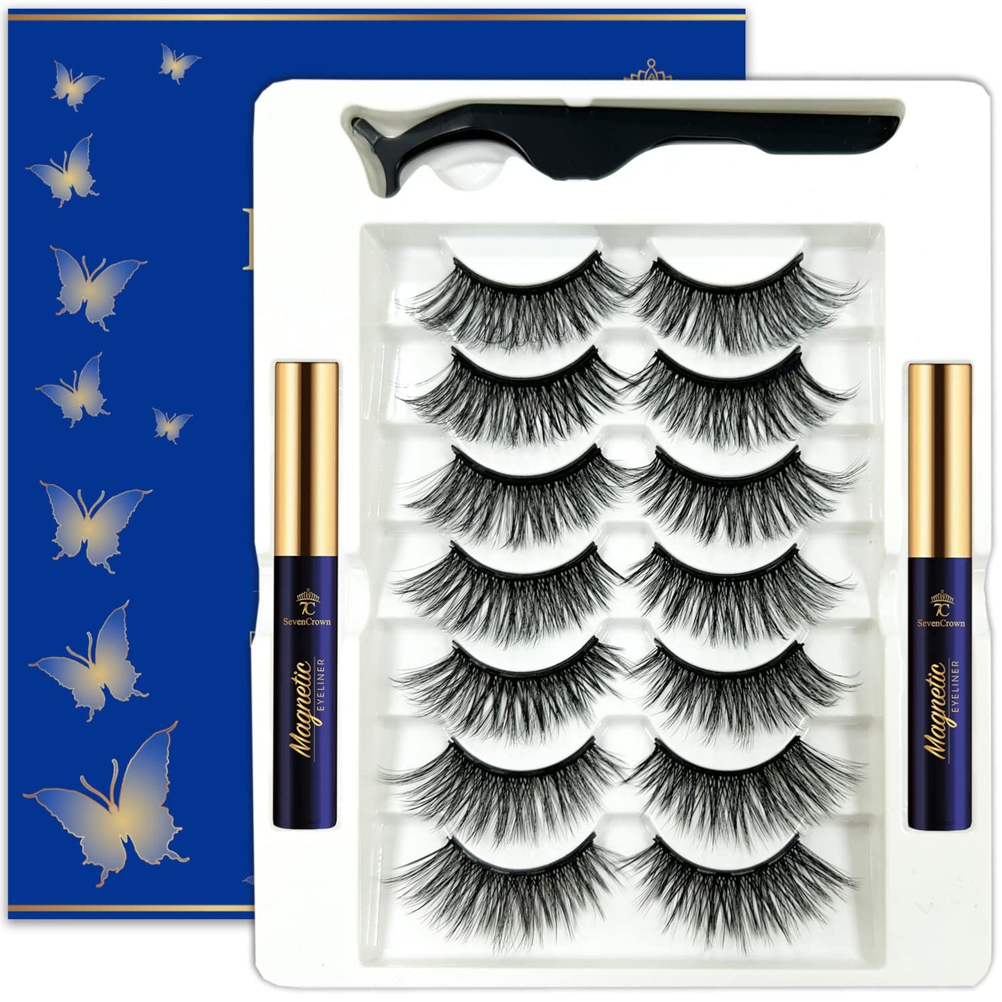 7C SevenCrown 3D Magnetic Eyelashes with Eyeliner Kit - Cat-Eye Wispy Magnetic Lashes Natural Looking,Upgraded Long Lasting,7 Pairs Reusable 5 Magnet False Eyelashes with Applicator, Easy to Apply.