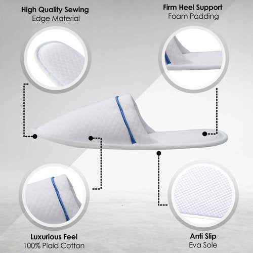 Modlux Spa Slippers - 12 Large Pairs of Plaid Cotton with ribbon, Closed Toe Slippers – Thick, Soft, Non-Slip, Disposable Slippers - Home, Hotel, or Commercial Use (White)