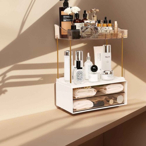 Fengligoo Elegant 2-Tier 2-Drawer Bathroom Countertop Organizer, Multi-Purpose Makeup & Skincare Organizer, Champagne Gold