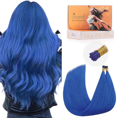 Doores I Tip Extensions, Blue 20 Inch 25g/25s, Human Hair Extensions, Straight Long Hair Extensions