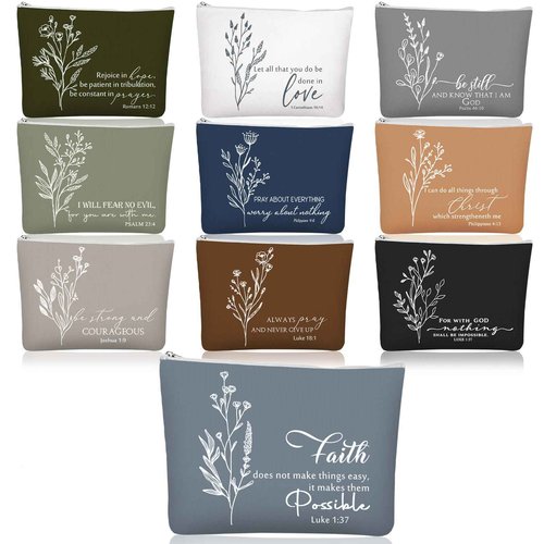 Huhumy 10 Pcs Christian Gifts for Women Bulk Religious Cosmetic Bags Inspirational Bible Verse Pencil Pouch Canvas Makeup Bags for Christmas Goodie Bag Church Favors(Morandi,Bible)