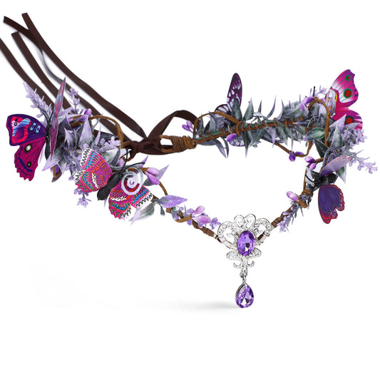 MOSTORY Handmade Butterfly Flower Crown Fairy Crown Woodland Elf Headpiece Floral Circlet Tiara for Cosplay Women Girls Party Renaissance Halloween Purple