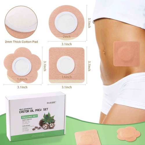 Castor Oil Belly Button Patch Set – 60pcs Castor Oil Patches in 3 Shapes with 4oz Organic Cold-Pressed Castor Oil Glass Bottle – Disposable, Leakproof, Skin-Friendly Castor Oil Pack Wrap