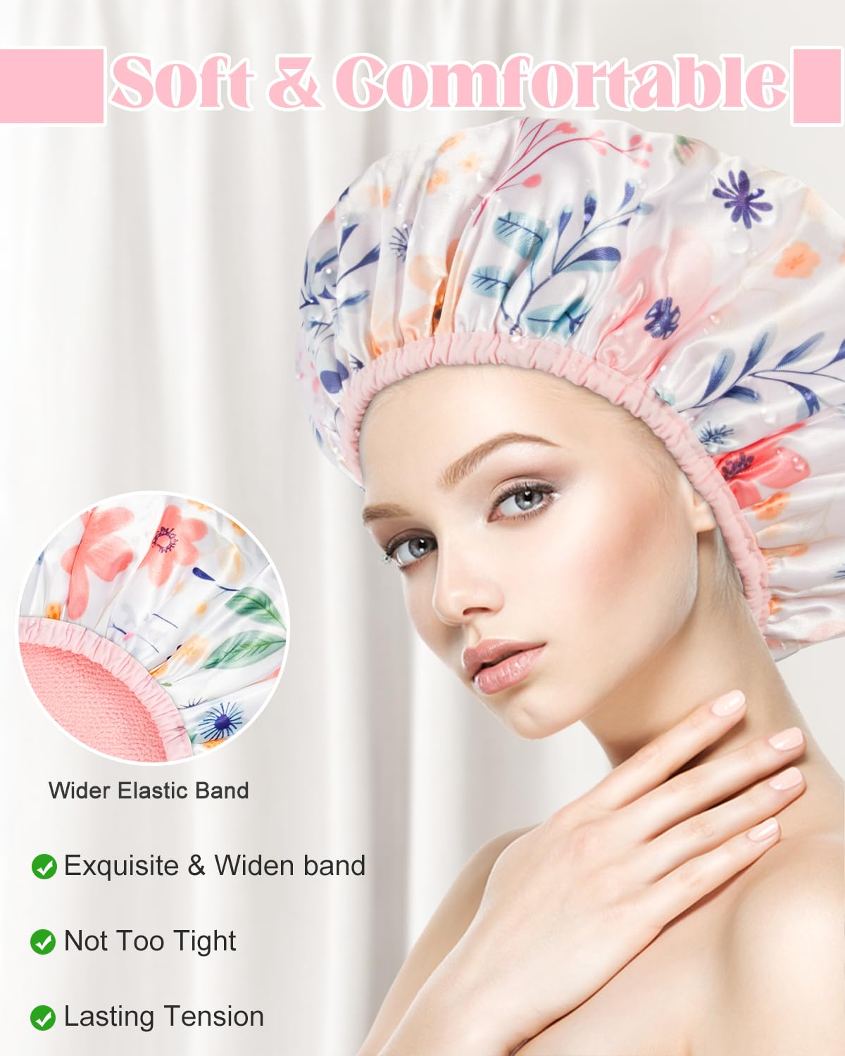 Auban Shower Cap, Terry Lined Shower Caps, Reusable Large Shower Cap for Women, Terry Cloth Lined Shower Cap for Long Thick Hair, 3 Layer Waterproof Hair Cap