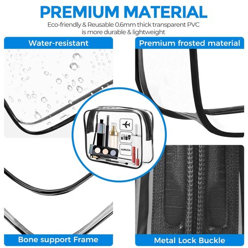 AURUZA 2 Pack TSA Approved Toiletry Bag, Clear Makeup Bag,Travel Cosmetic Bag with Zipper,Clear Organizer Carry on Bag for Women,PVC Cosmetic Pouch for Airport Airline Compliant (Black)