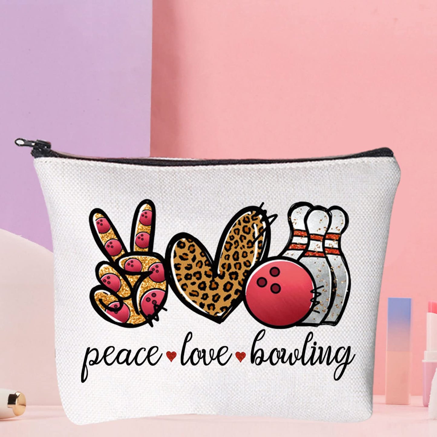 WZMPA Bowling Cosmetic Makeup Bag Bowling Lover Gifts Peace Love Bowling Ball Zipper Pouch For Women Girls (Peace Love Bowling)