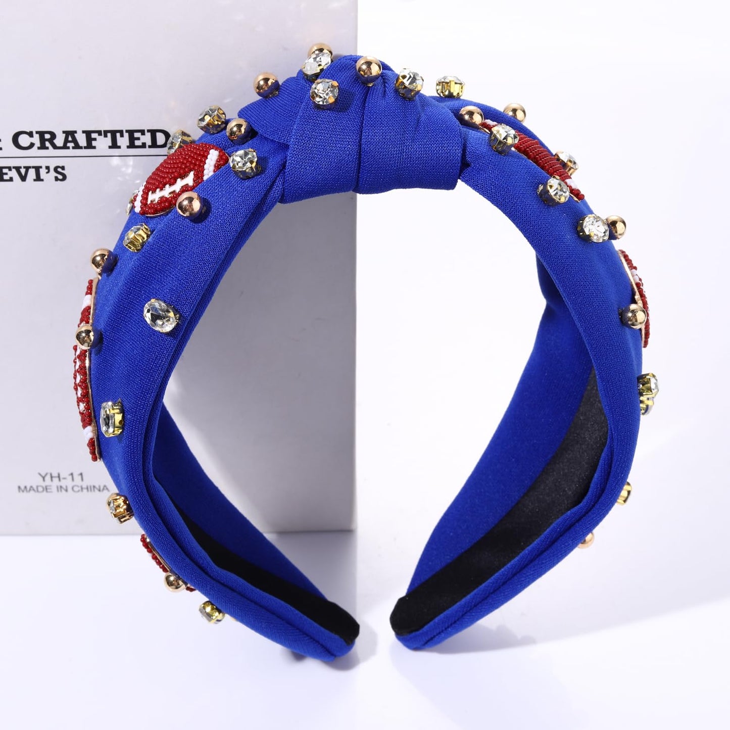 Football Headband for Women Football Accessories Beaded Football Rhinestone Crystal Knotted Headband Jeweled Embellished Game Day Top Knot Headband Football Mom Hair Accessories (B-Navy Blue)