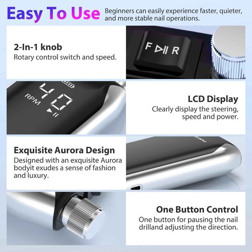 PURTATO Professional Nail Drill 40,000 RPM, Rechargeable,LCD Display E File Machine for Acrylic Nails Gel Polishing Removing Portable Nails Efile Tools for Manicure Salon & Home (Silver)