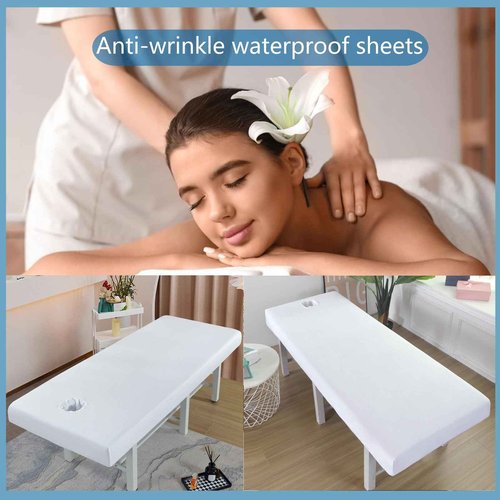 Premium Reusable Massage Table Sheets Bed Cover 75 x 31.5 Inches with Face Hole, Fitted Table for Master Massage, Mat for Esthetician, Waterproof, Oilproof, Machine Washable (White, 75 x 31.5 Inches)