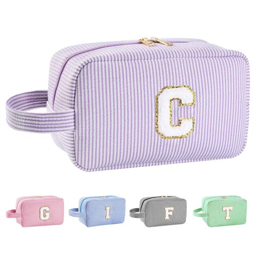Huifen Personalized Initial Makeup Bag A-Z, Travel Toiletry Bag Preppy Make Up Bag Cosmetic Pouch Makeup Organizer for Women Birthday Christmas Gifts for Teen Girls Trendy Stuff (Purple, C)