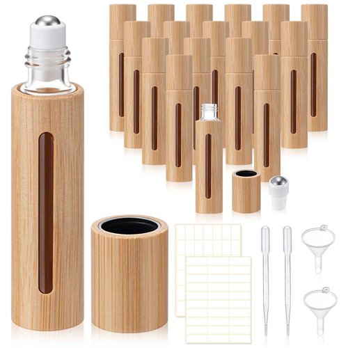 BrightRow 18 Pcs 10ml Bamboo Roll on Bottles for Essential Oils Empty Bottles with Stainless Steel Roller Balls with Funnels, 3ml Droppers and Stickers
