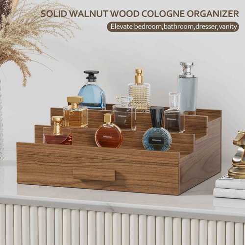 Hrbjunuo Walnut Wood Cologne Organizer for Men 3 Tier Cologne Stand,Cologne Display Shelf with Drawer Storage,Perfume Stand Organizer Perfume Display Holder Great Gift for Men Father Christmas