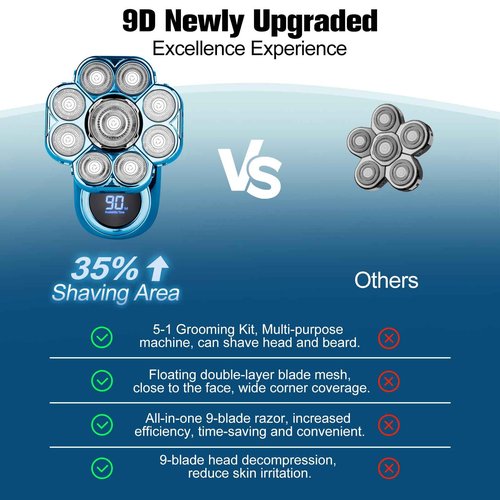 9D Electric Head Shaver for Bald Men, Upgraded 5-in-1 Waterproof Wet/Dry Grooming Kit Electric Shaver for Men, Cordless Rechargeable Bald Head Razor for Home&Travel