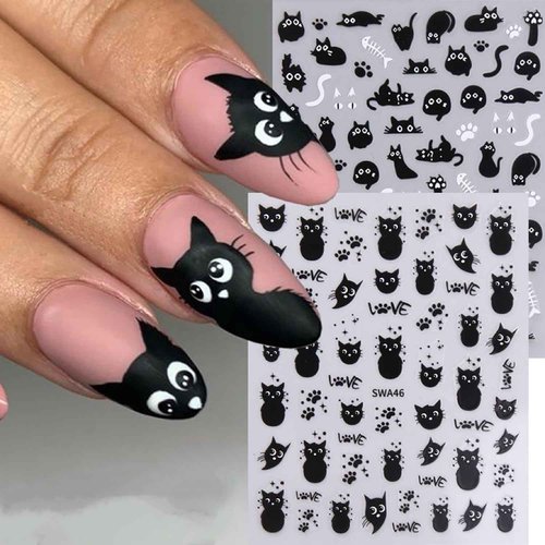 6 Sheets Black Cat Nail Art Stickers Cute Animal Nail Stickers for Nail Art 3D Self-Adhesive Nail Decals Cute Funny Black Cat Sticker Design Holiday Nail Supplies for Women