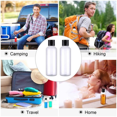 50 Piece 3.4 oz Travel Bottles with Flip Cap Plastic Empty Bottles Refillable Flip Cover Dispensing Squeeze containers with 2 Funnels Portable Refillable Containers for Travel Liquid(Clear, Black)