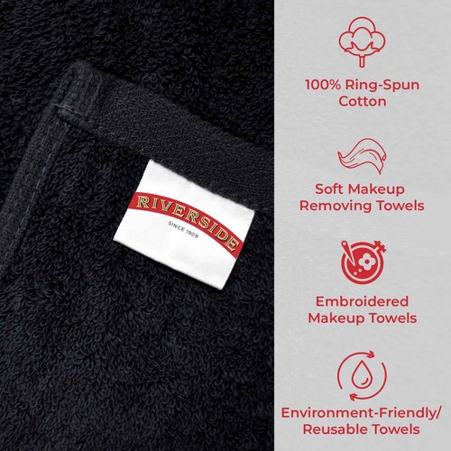 RIVERSIDE Black Makeup Towels - Pack of 6 (13x13) Soft Cotton Makeup Washcloths for Face - Reusable, Quick-Dry Makeup Remover Towels for Bathroom, Spa & Salon - Gentle on Skin - Brushes