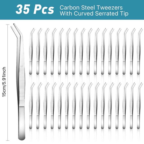 Aemygo 35 Pcs Carbon Steel Tweezers with Curved Serrated Tip, Multipurpose Craft Tweezers Non-Slip Forceps for Sewing Repairing