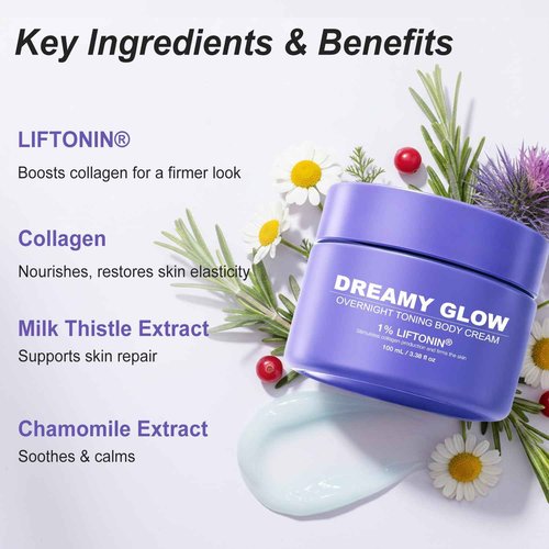 Solivetta Dreamy Glow Overnight Toning Whip Cream – Anti Cellulite & Tightening Loose Skin for Body – LIFTONIN® Get Firming Cream with Satin Eye Mask 3.38 fl oz
