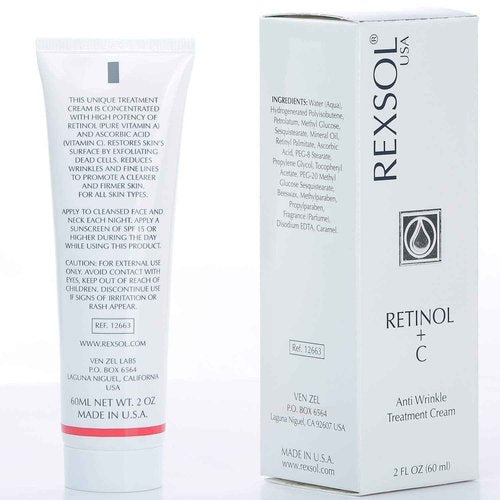 REXSOL Retinol + Vitamin C Anti-Aging Cream | Effective Night Face Care & Dark Spot Remover | Anti-Aging Neck Cream & Wrinkle Cream That Truly Works | Infused with Vitamin E, A - 2 OZ