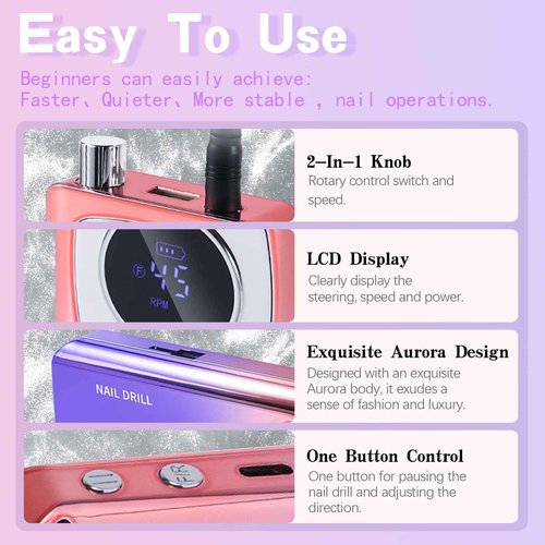 Kylara Electric Nail Drill Professional,45000RPM Portable Nail Drill Kit Cordless E Filer for Acrylic Gel Nails Polishing Removing with LED Display,Low Noise Electric Nail File for Salon&Home