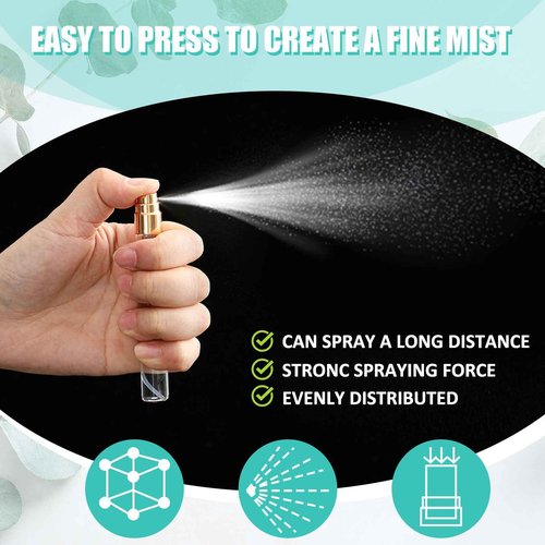 Zhehao 50 Pcs Mini Spray Bottles 10 ml Clear Glass Perfume Bottles Refillable Fine Mist Perfume Atomizer Portable Empty Sample Containers for Cleaning, Essential Oils, Travel (Gold Cap)