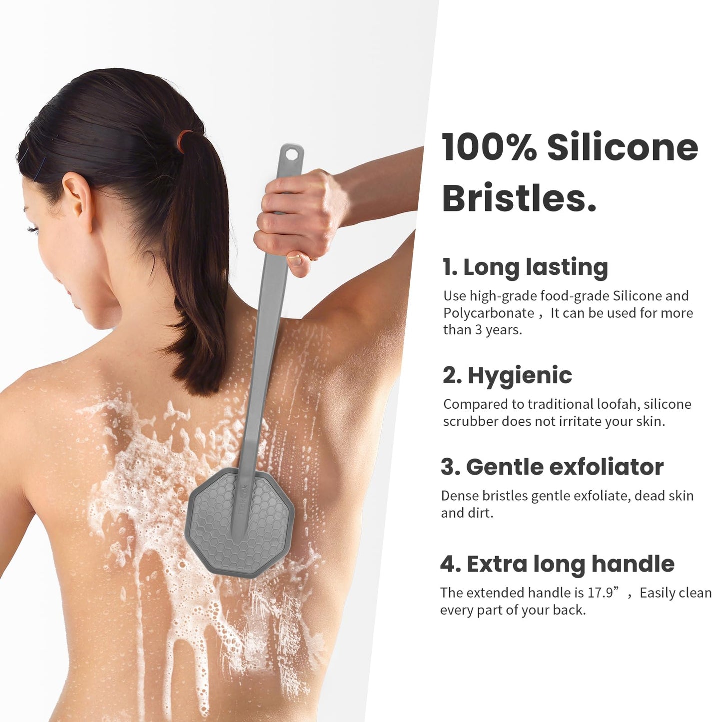 iTokGoK® Silver-Infused Silicone Back Scrubber with Long Handle Back Brush for Shower,Back Brush Long Handle for Men and Women,Ergonomic No-Slip Handle, Long-Lasting & Easy to Clean - Gray