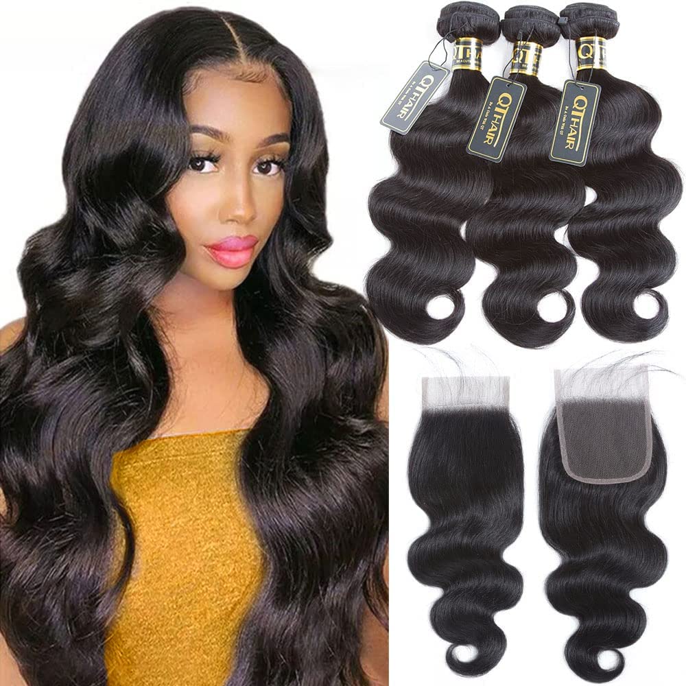 QTHAIR 14A Grade Brazilian Body Wave Human Hair Bundles with Closure Human Hair Weave with Closure (14" 16" 18" with 12") 100% Unprocessed Brazilian Virgin Hair 4x4 Swiss Lace Closure